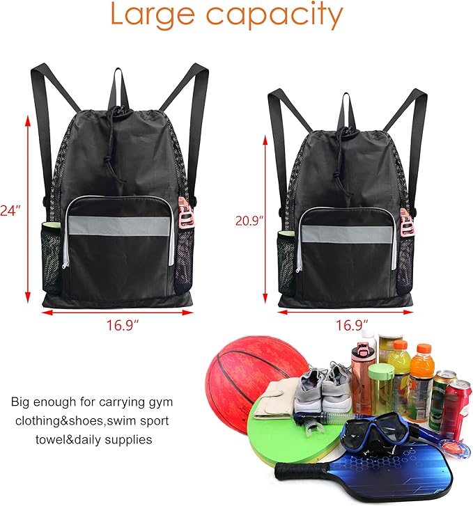 BeeGreen Gym Bag Drawstring Backpack With Zipper Pocket Swim Bag for Men Women Swimmers Sports Bag for Beach Pool Workout Gifts With 2 Mesh Pockets Cinch Bag Bright Black