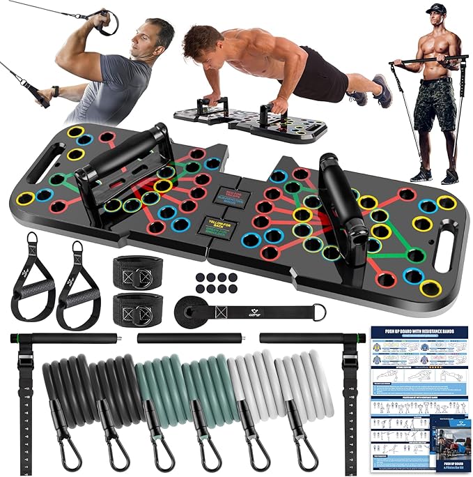 Push Up Board, Portable Home Gym Exercise Equipment, Pilates Bar & 20 Fitness Accessories with Resistance Bands for Full Body Workout