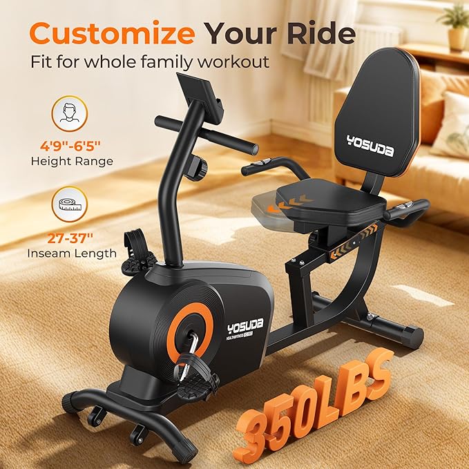 YOSUDA Recumbent Exercise Bike for Adults Seniors with Quick Adjust Seat, 350LB Capacity & 16-level Resistance