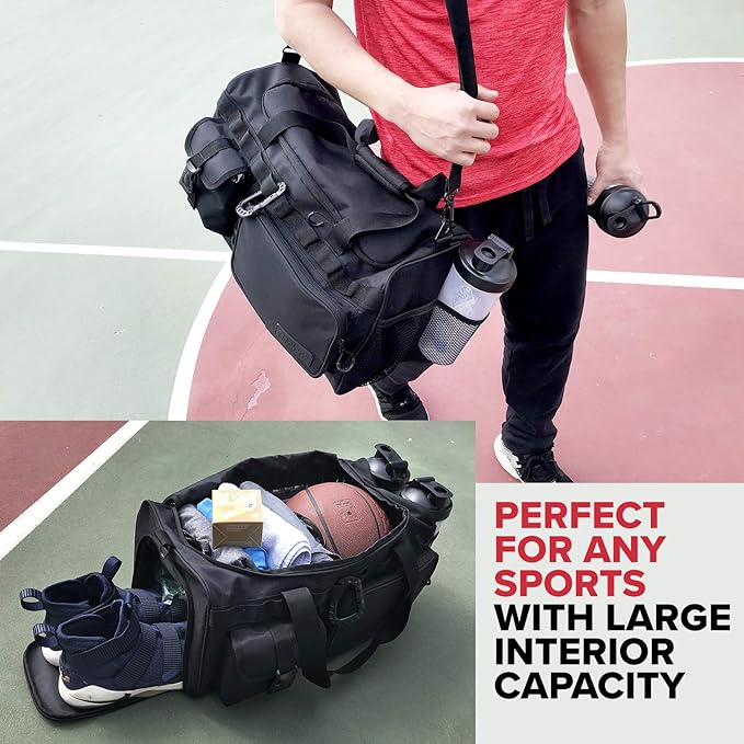 Fitdom 20" 32L Tactical Black Gym Duffle Bag with Shoe Compartment. Best Workout Bag For Men & Women. Black Gym Bag is Great For Basketball, Soccer & Other Sports As Well As Weekender & Overnight Bag