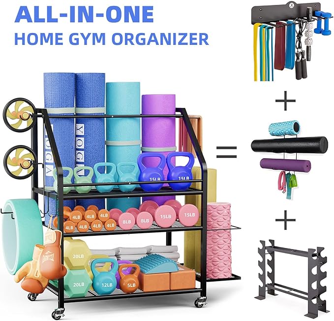 Coonoor Home Gym Storage Rack, Weight Rack for Dumbbell, Kettlebells, Workout Equipment, Yoga Mats Holder, Gym Organizer with Wheels and Hooks