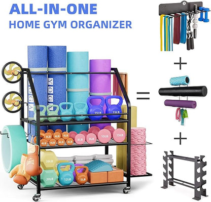 Coonoor Home Gym Storage Rack, Weight Rack for Dumbbell, Kettlebells, Workout Equipment, Yoga Mats Holder, Gym Organizer with Wheels and Hooks