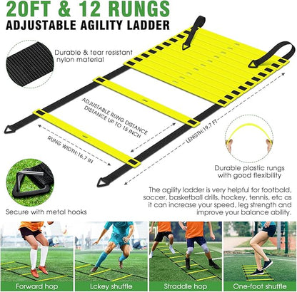 Agility Ladder Speed Training Equipment Set-20ft Agility Ladder,12 Soccer Cones,4 Hurdles, Jump Rope, Running Parachute| Basketball Football Soccer Training Equipment for Kids Youth Adults