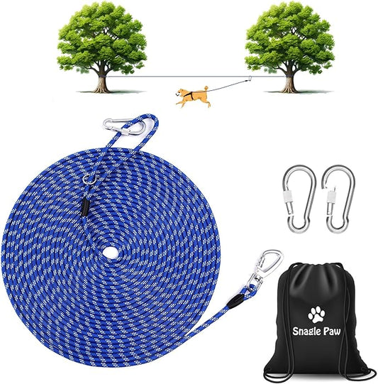 Snagle Paw 75FT Dog Runner for Outside 3 in 1, Long Dog Training Leash with Handle for Small Medium Large Dogs, Reflective Rope Dog Tie Out Cable for Yard,Park,Camping (Blue for 2 Dogs)