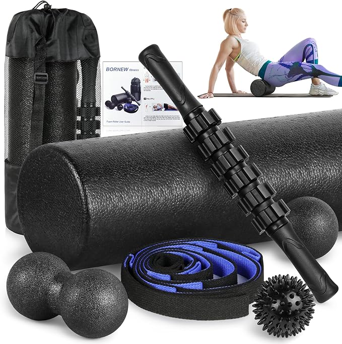 Foam Roller Set - High Density Back Roller, Muscle Roller Stick,2 Foot Fasciitis Ball, Stretching Strap, Peanut Massage Ball for Whole Body Physical Therapy & Exercise, Back Pain, Leg, Deep Tissue