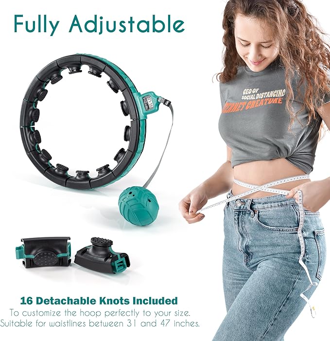 Teal Elite Smart Weighted Hula Hoop for Adults Weight Loss– Fully Adjustable with Detachable Knots – 2 in 1 Abdomen Fitness Massage Infinity Hoops