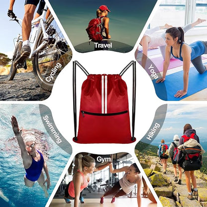 Drawstring Backpack Bag Gym Cinch Draw String Back Bag for Men Women Shopping Sports (Red)