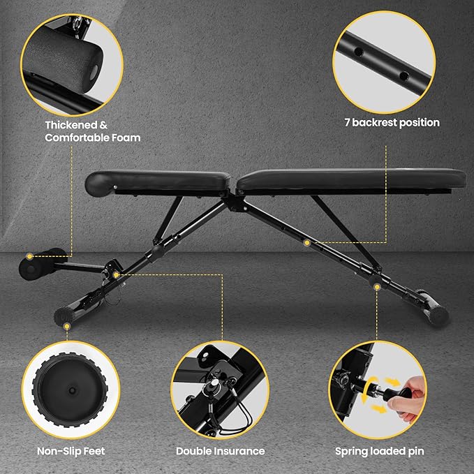 Adjustable Folding Weight Bench,Foldable Incline Decline Workout Bench Sit Up Bench with Resistance Band,Multifunctional Bench Home Gym Equipment for Full Body Workout