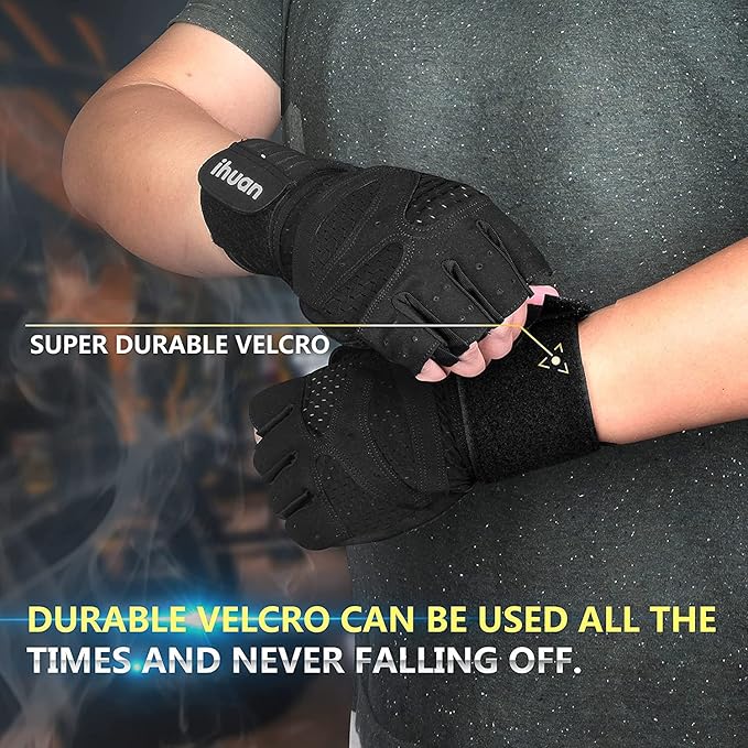 ihuan Ventilated Weight Lifting Gym Workout Gloves with Wrist Wrap Support for Men & Women, Full Palm Protection, for Weightlifting, Training, Fitness, Hanging, Pull ups