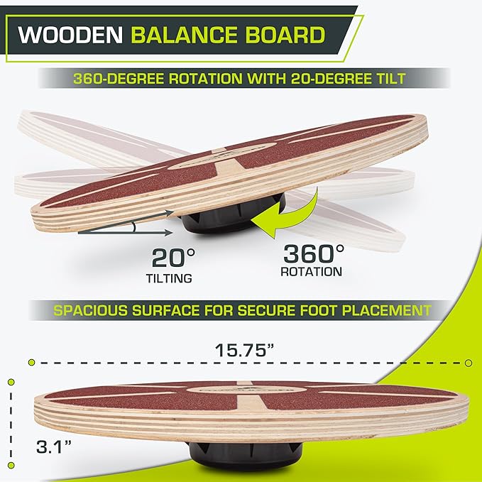 ProSource Wooden Balance Board Non-Slip Wobble Core Trainer 15.75in (39.5cm) Diameter with 360 Rotation for Stability Training, Full Body Exercises, Physical Therapy