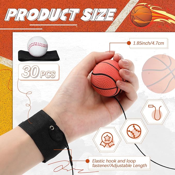 Jerify 30 Pcs Wrist Return Ball on a String Baseball Basketball Soccer Tennis Party Favor Sports Return Wrist Practice Ball on Elastic Cord Rubber Rebound Wristband Ball for Adults