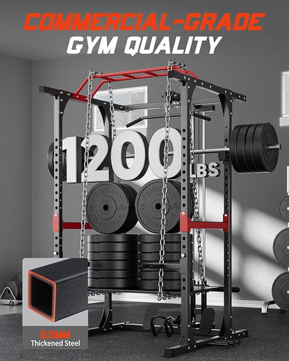 Power Cage, 1200lbs Capacity Power Rack with Adjustable Cable Crossover System, Multi-Function Squat Rack with Pulley System, Weight Cage for Home Gym with Training Attachments