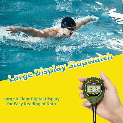 Waterproof Stopwatch, Large Display Simple Silent Stop Watch Timer with ON/Off Function No Clock No Calendar No Alarm Basic Operation for Sports Coaches Swimming Running Training, Green