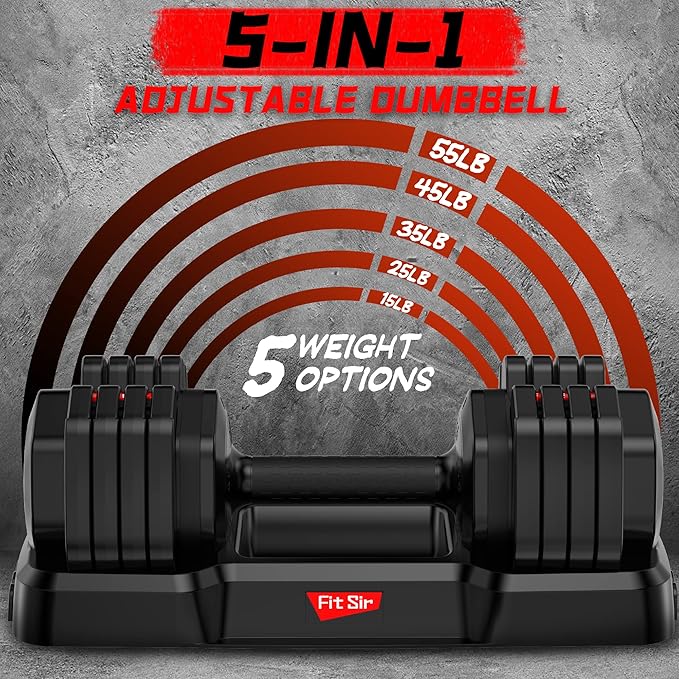 Single Adjustable Dumbbell 55LB, Fit Sir Weights Dumbbells Set 15~55lb Increment with Tray and Anti-Slip Handle for Men Women Full Body Workout Exercise & Fitness Strength Training Home Gym