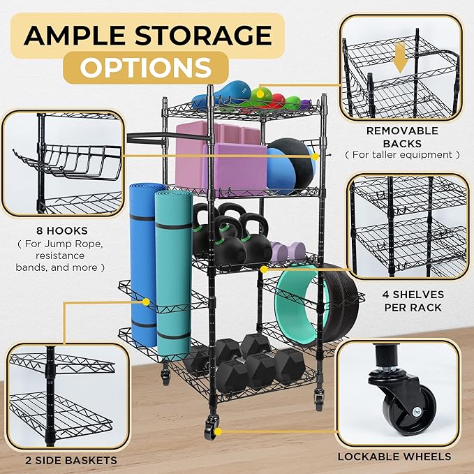 Home Gym Storage Rack - Gym Equipment Storage for Workout at Home, Yoga Mat Storage Rack, Home Gym Organizer, Gym Organization for Home Gym Equipment Dumbells & More