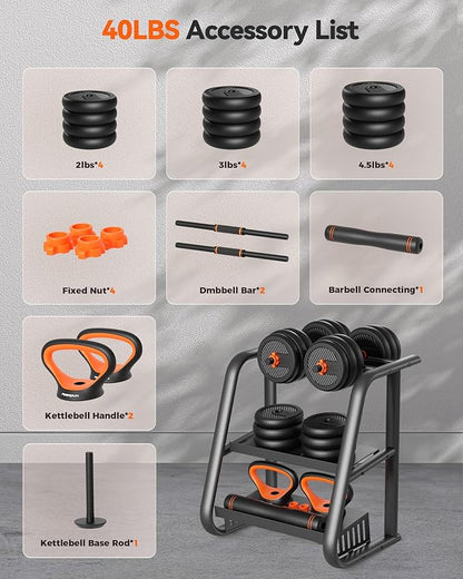 FEIERDUN Adjustable Dumbbells, 20/30/40/50/60/70/90lbs Free Weight Set with Connector, 4 in1 Dumbbells Set Used as Barbell, Kettlebells, Push up Stand, Fitness Exercises for Home Gym Suitable Men/Women