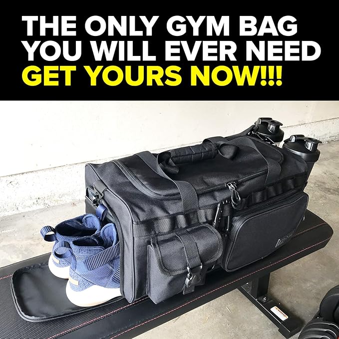 Fitdom 20" 32L Tactical Black Gym Duffle Bag with Shoe Compartment. Best Workout Bag For Men & Women. Black Gym Bag is Great For Basketball, Soccer & Other Sports As Well As Weekender & Overnight Bag