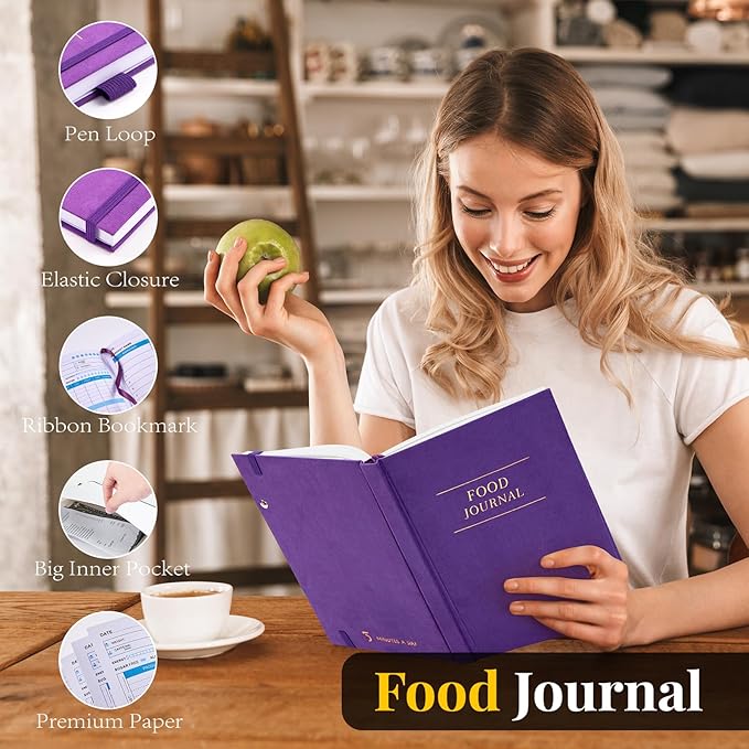 Food Journal, Weight Loss Journal for Women, Food Diary to Track Meals, A5 Size Calories Counter Book, 180 Days Diet Wellness Planner for Healthier Lifestyle -Purple