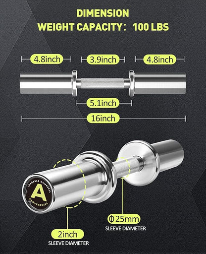 Pair of 16" Olympic Dumbbell Handles Loadable Dumbbell Bars for 2-inch Olympic Weight Plates Ideal for Home Gym Strength Training, 2 Pair of Spring Collars Included