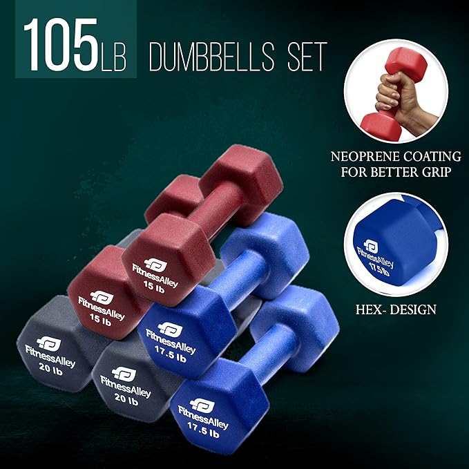 Neoprene Workout Dumbbells - Non Slip, Anti Roll Exercise & Fitness Dumbbells Combo - Hex Shaped Hand weights for Men & Women - Ideal for Home and Gyms training