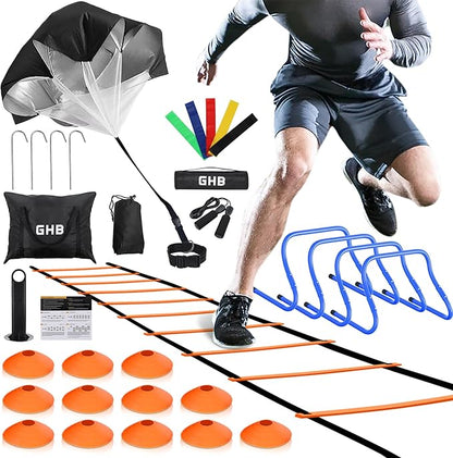 GHB Agility Ladder,Football Training Equipment Set,4 Agility Hurdles, 20 feet12 Rungs Speed Ladder,12 Disc Cones,Resistance Parachute, Jump Rope, 4 Resistance Bands