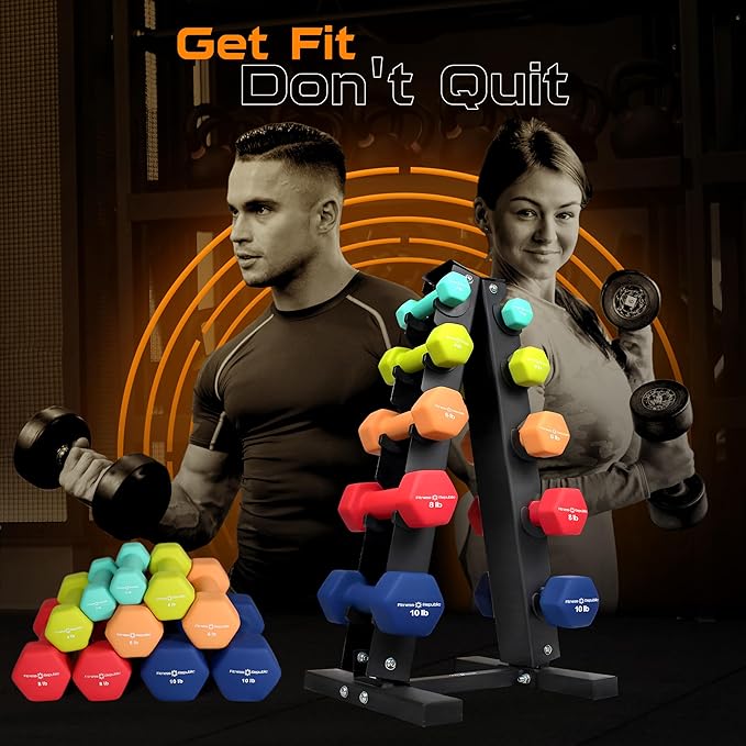 Neoprene Workout Dumbbell set with Rack 2.00MM - Non Slip, Anti Roll & Hex Shape - Fitness Dumbbells Combo, Space Saving Ideal for Home and Gym training