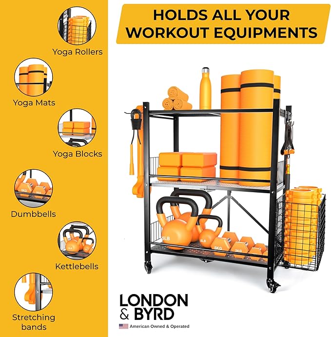 London & Byrd - Assemble in Minutes - Home Gym Storage Rack. Steel Construction, Heavy Duty Wheels, with Basket and Hooks. Great for Yoga mat Storage, Kettlebell Storage, and Small Dumbbell Storage.