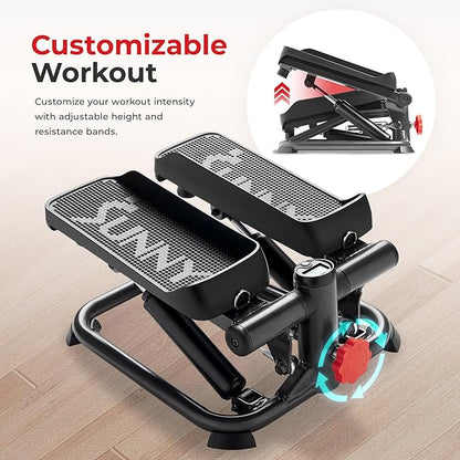 Sunny Health & Fitness Advanced Mini Steppers for Exercise at Home, Total Body Workout Stair Step Machine with Resistance Bands, Optional Smart Stepper with SunnyFit App Connection