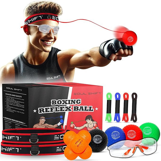 Soul Shift - Upgraded 4 X Boxing Reflex Balls 2 x Headbands - Reaction Ball - Safety Glasses - Hand Eye Coordination, Boxing Reflex Ball Headband,MMA Training Equipment, Punching Ball