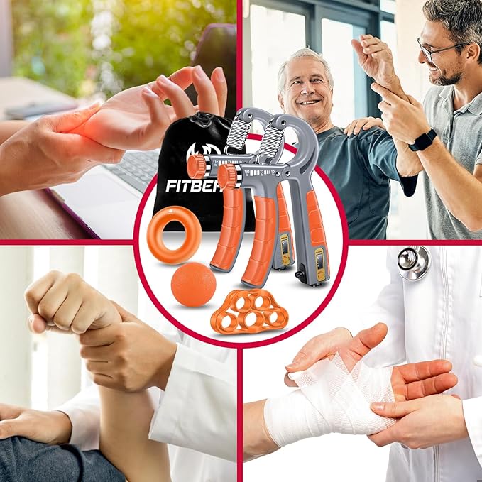 FitBeast Hand Grip Strengthener Workout Kit (5 Pack), 2 Forearm Grip Adjustable Resistance Hand Gripper, Finger Stretcher, Grip Ring & Stress Relief Grip Ball for Athletes