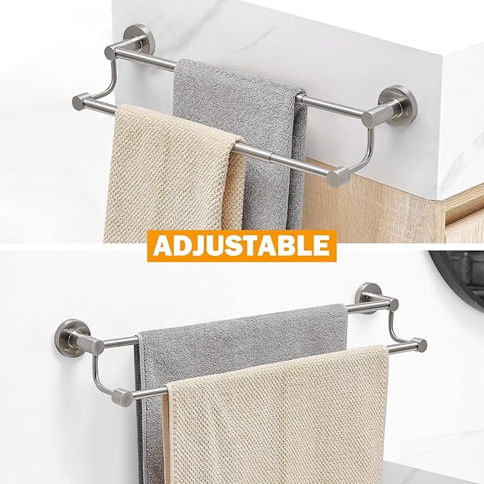 BESy Adjustable 16.5-28.5 Inches Double Bath Towel Bar for Bathroom SUS304 Stainless Steel Towel Holder, Hotel Style Wall Mount with Screws Hand Towel Bar, Towel Rack Rod Hanger, Brushed Nickel Finish