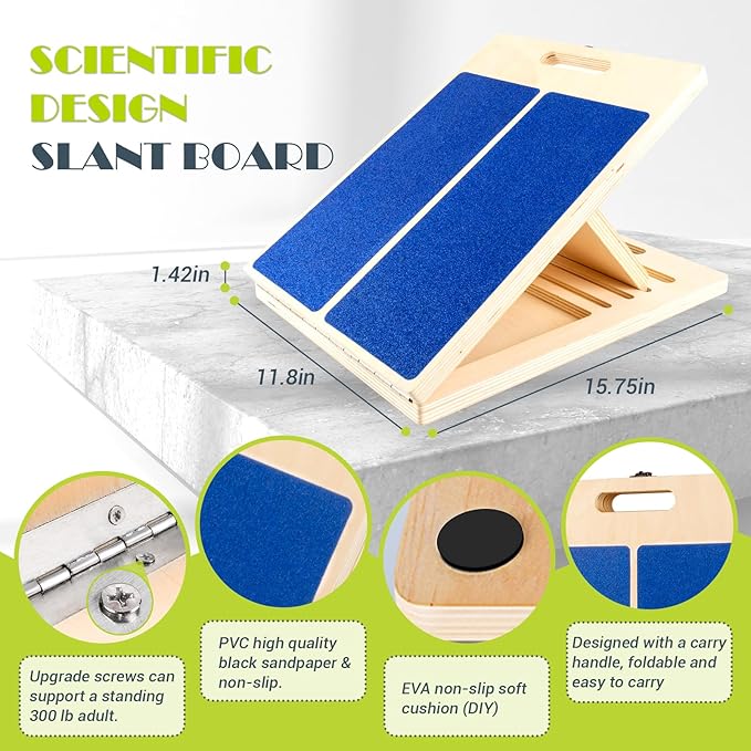 Slant Board for Calf Stretching, Adjustable Portable Wooden Incline Board for Calf Stretcher with Training Poster, 300 Lbs Weight Capacity Calf Stretch Wedge for Exercise, Squat & Physical Therapy