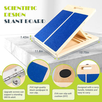 Slant Board for Calf Stretching, Adjustable Portable Wooden Incline Board for Calf Stretcher with Training Poster, 300 Lbs Weight Capacity Calf Stretch Wedge for Exercise, Squat & Physical Therapy