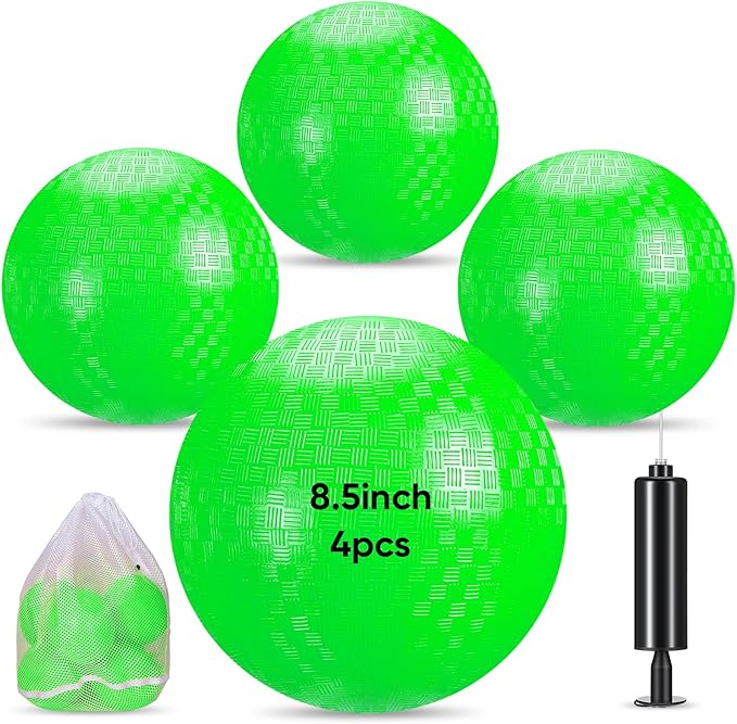 Sumind 4 Pcs Playground Ball for Kids 8.5 Inch Kickballs Dodgeball Inflatable Ball with Pump and Storage Bag PVC Rubber Bouncy Handball for Kids Adults Sports Outdoor Games and Activities (Green)