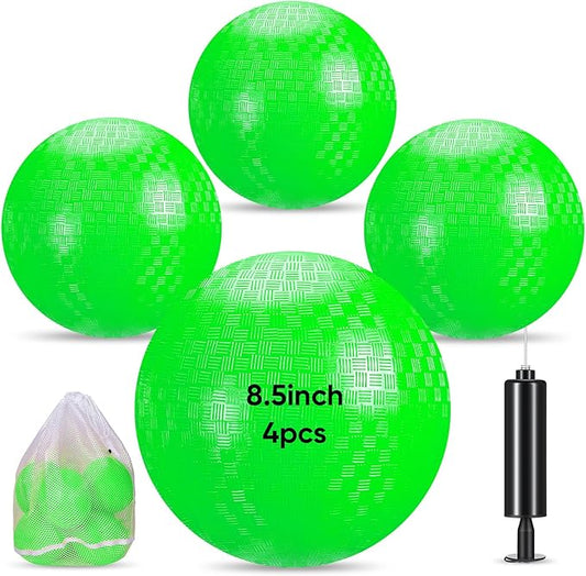 Sumind 4 Pcs Playground Ball for Kids 8.5 Inch Kickballs Dodgeball Inflatable Ball with Pump and Storage Bag PVC Rubber Bouncy Handball for Kids Adults Sports Outdoor Games and Activities (Green)