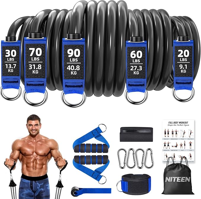 Heavy Resistance Bands for Working Out, NITEEN Resistance Bands with Handles Weight Exercise Bands for Men Women, Workout Bands with Door Anchor and Ankle Straps Strength Training Equipment