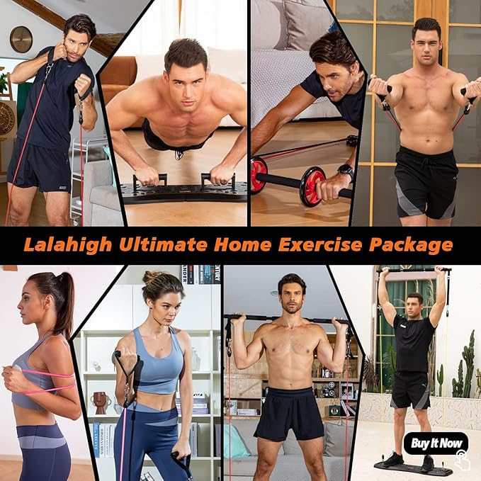 LALAHIGH Portable Home Gym System: Large Compact Push Up Board, Pilates Bar & 20 Fitness Accessories with Resistance Bands Ab Roller Wheel - Full Body Workout for Men and Women, Gift for Boyfriend