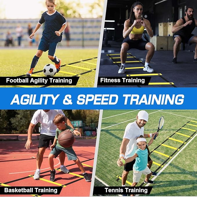 Agility Ladder Football Training Equipment Set 20ft 12 12 Rungs 4 Hurdles, 20 Cones, 5 Resistance