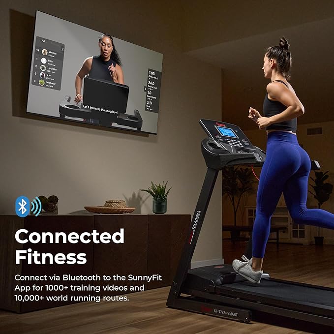 Sunny Health & Fitness Energy Flex Motorized Treadmill with Automatic Incline Easy Foldable Design Pulse Sensors Digital Display and Optional SunnyFit® App Enhanced Bluetooth Connectivity