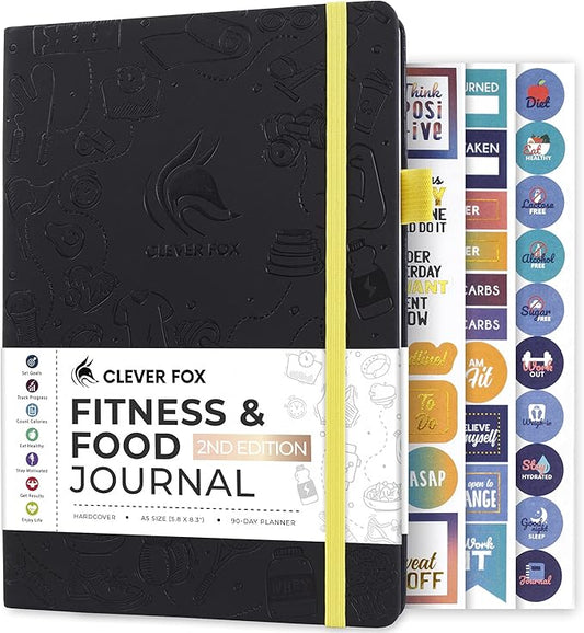 Clever Fox Fitness & Food Journal – Nutrition & Workout Planner for Women & Men – Diet & Gym Exercise Log Book with Calendars, Diet & Training Trackers - Undated, A5 Size, Hardcover (Black)