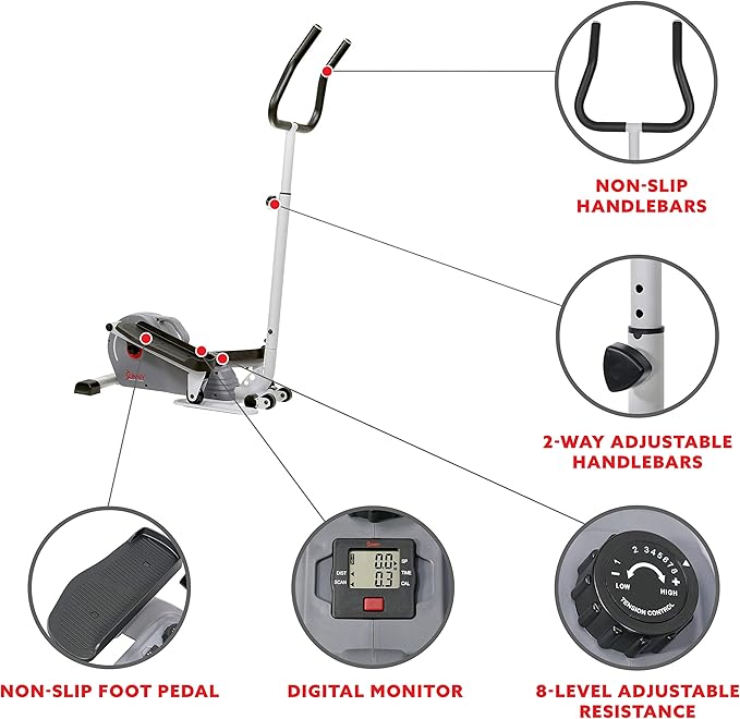 Sunny Health & Fitness 2 in 1 Sit/Stand Mini Elliptical Machine, Portable Under Desk Peddler Exerciser for Senior Home Workout, Optional Handlebars, Resistance Bands and Sunnyfit App Connection