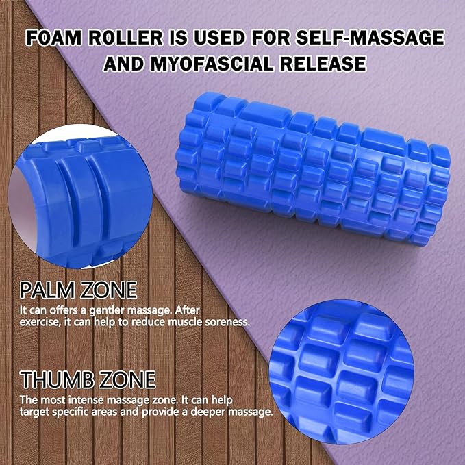 5 in 1 Foam Roller Set for Deep Tissue Muscle Massage, Trigger Point Fitness Exercise Foam Roller, Massage Roller, Massage Ball, Stretching Strap, for Whole Body (Blue)