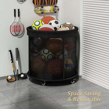 Garage Storage Organization Sports Equipment Organizer with Wheels 48 Gals Mesh Ball Storage Cart for Basketball Swimming Gear,Black (Round)