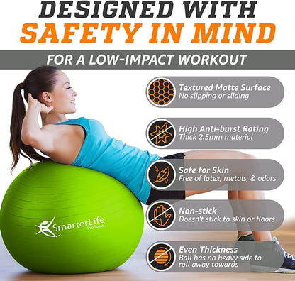 SmarterLife Workout Exercise Ball for Fitness, Yoga, Balance, Stability, or Birthing, Great as Yoga Ball Chair for Office or Exercise Gym Equipment for Home, Premium Non-Slip Design