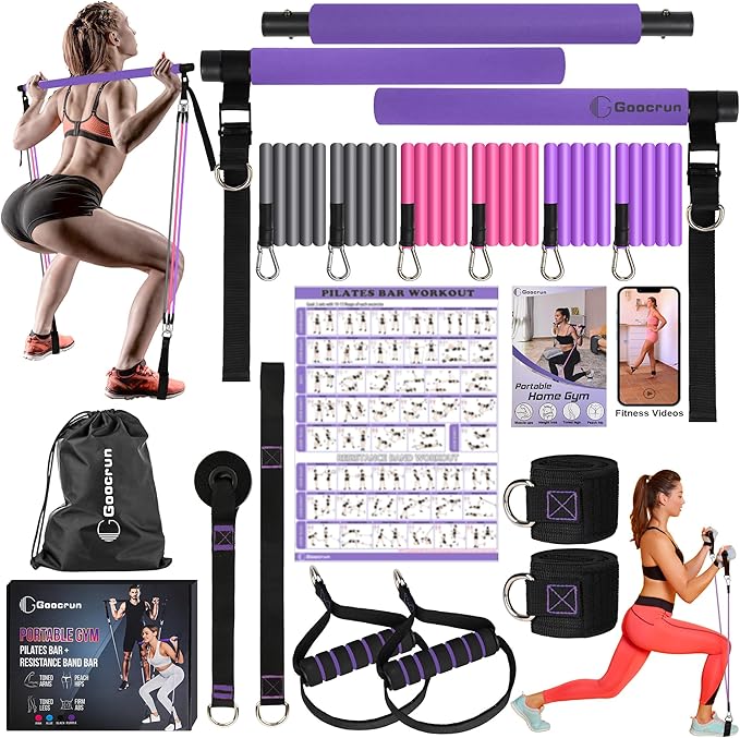 Portable Pilates Bar and Resistance Band Set with Handles. Multipurpose Home Gym, Supports Full-Body Workouts - with Fitness Poster and Video