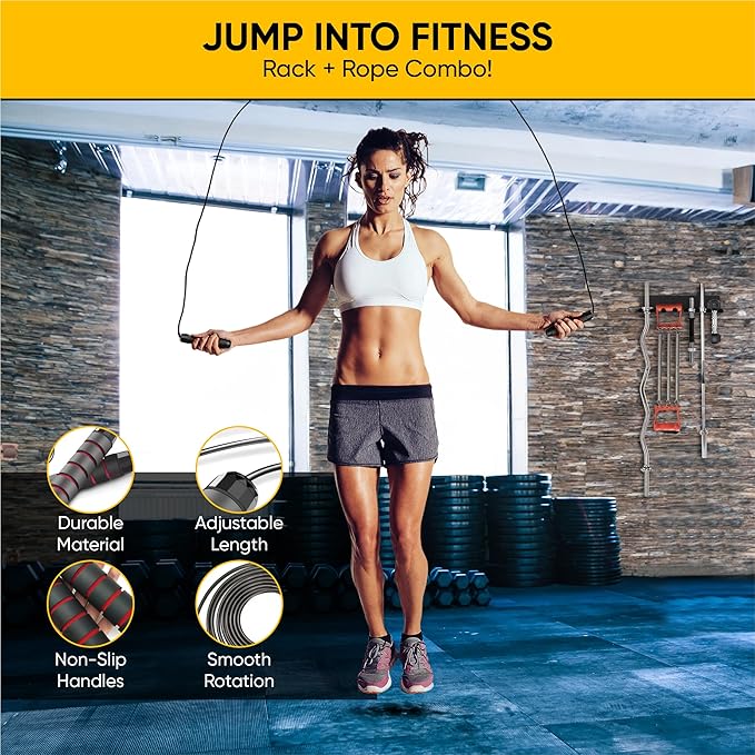 2-IN-1 Heavy-Duty Set Gym Storage Rack + Jump Rope, Barbell Wall Mount, Gym Organizer, Gym Wall Storage, Weight Plate Wall Mount, Gym Hooks, Barbell Holder Wall Mount, Cable Attachment Storage, Wall Mounted Dumbbell Rack