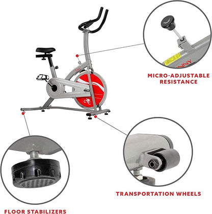 Sunny Health & Fitness Indoor Stationary Cycling Exercise Bike for Home Cardio Workout, 4-Way Adjustable & Cushioned Seat, Optional Magnetic Resistance & Exclusive SunnyFit App Enhanced Bluetooth Link