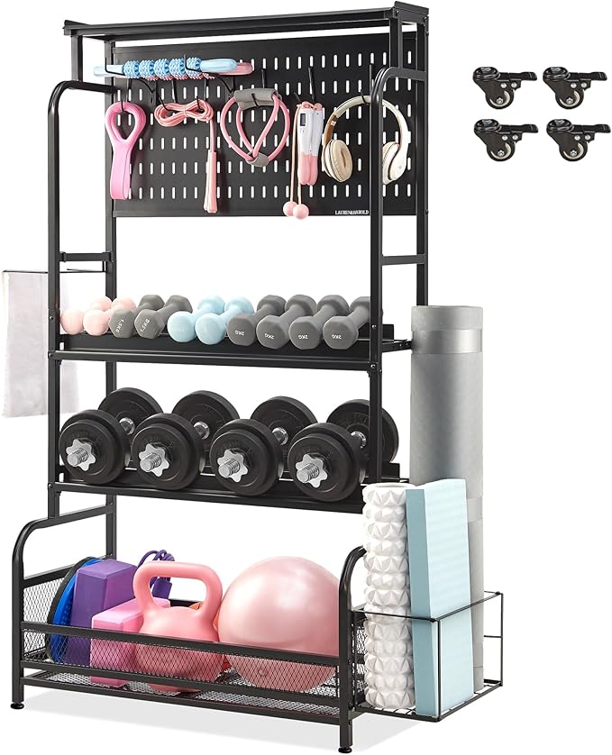 63'' Taller Home Gym Storage, Large Yoga Mat Storage with Hanging Board, Exercise Workout Equipment Storage for Home Gym, All-in-One Dumbbell, Kettlebell, Resistance Band Rack with Wheels and Hooks