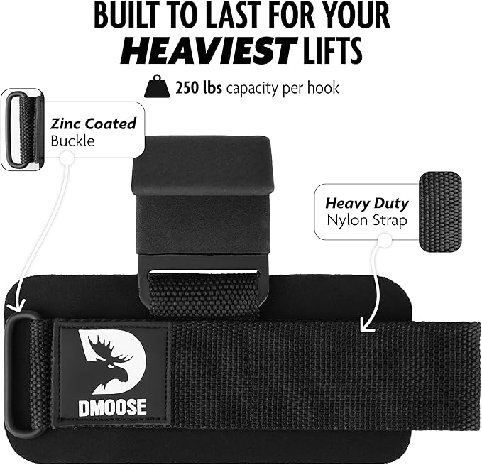 DMoose Fitness Weight Lifting Hooks for Men & Women (Pair) - 8 mm Thick Wrist Padding - Weight Lifting Grips for Powerlifting, Shrugs, Rows & Deadlift Support - Gym Lifting Straps with Pull Up Hooks