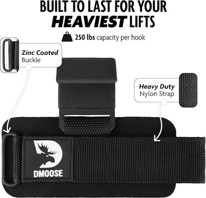 DMoose Fitness Weight Lifting Hooks for Men & Women (Pair) - 8 mm Thick Wrist Padding - Weight Lifting Grips for Powerlifting, Shrugs, Rows & Deadlift Support - Gym Lifting Straps with Pull Up Hooks